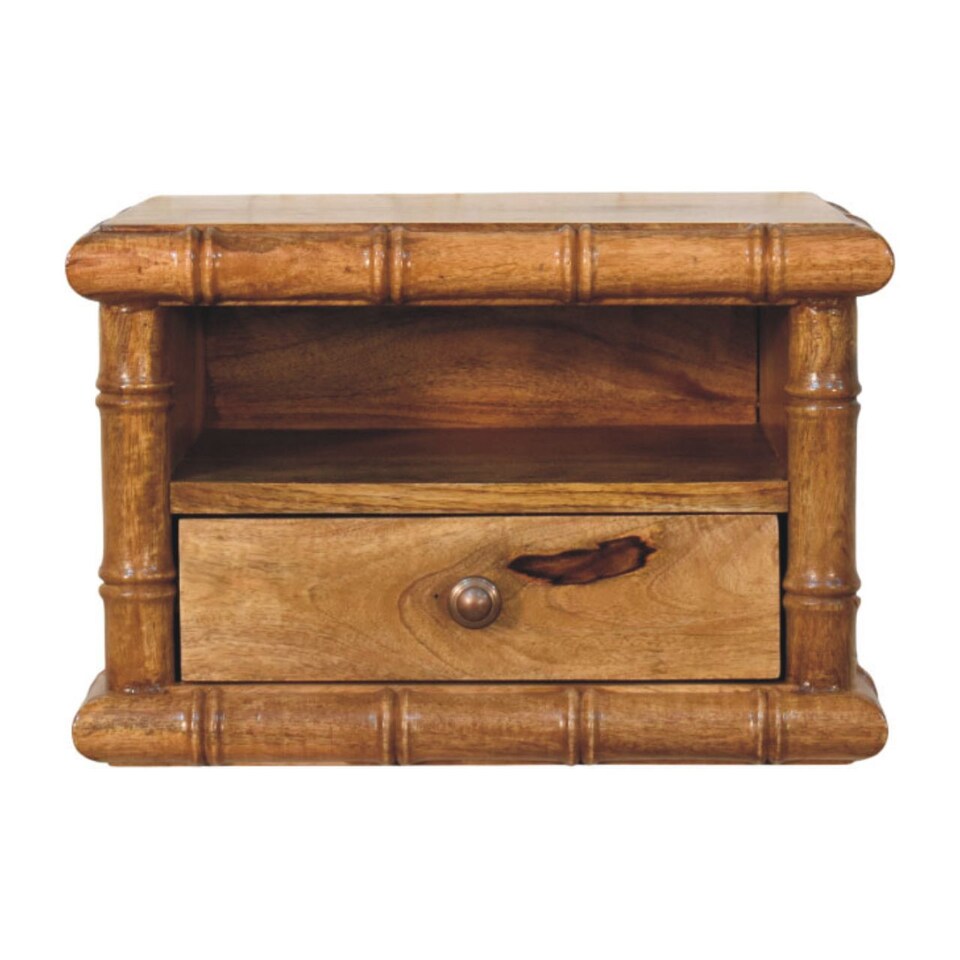 image 1 of Artisan Furniture Solid Wood Bamboo Open Bedside in Amber Oak Finish, 1 Drawer & 1 Shelf, Brown