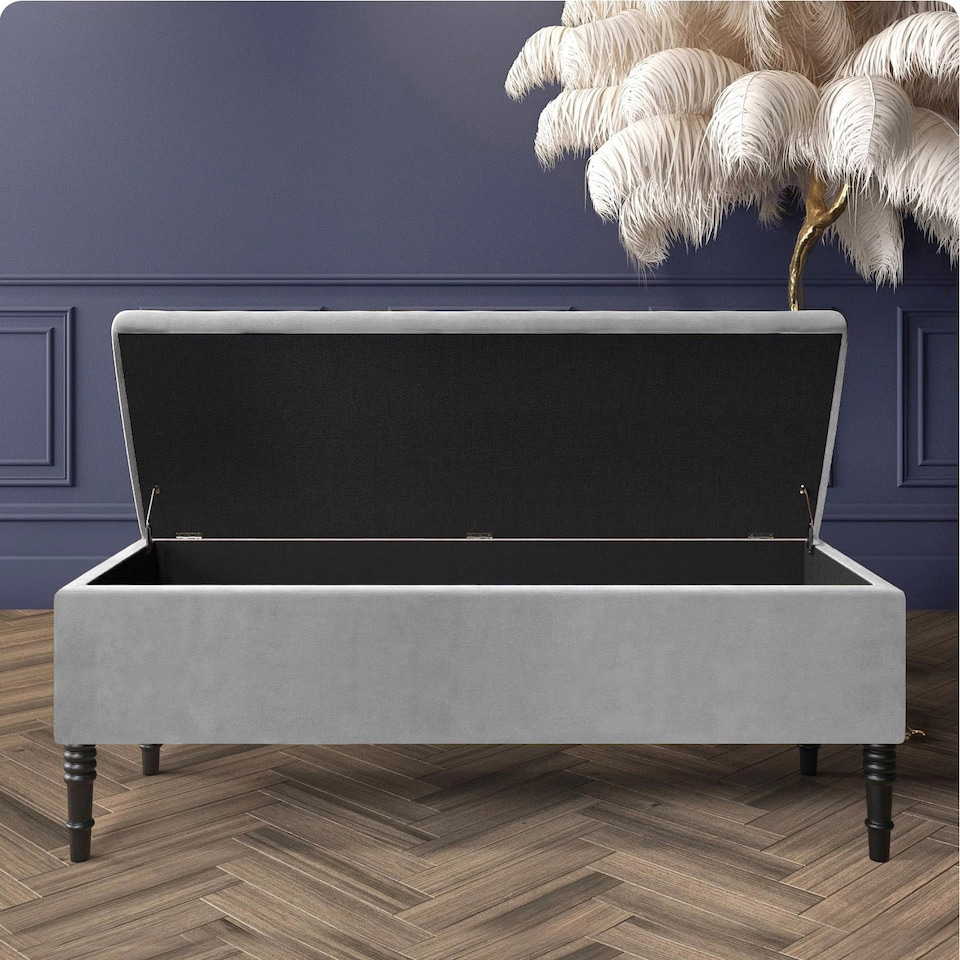 image 1 of Paris Plain 120cm Ottoman Storage Bench - Plush Velvet Shoe Bench - Silver Upholstery Footstool with Storage