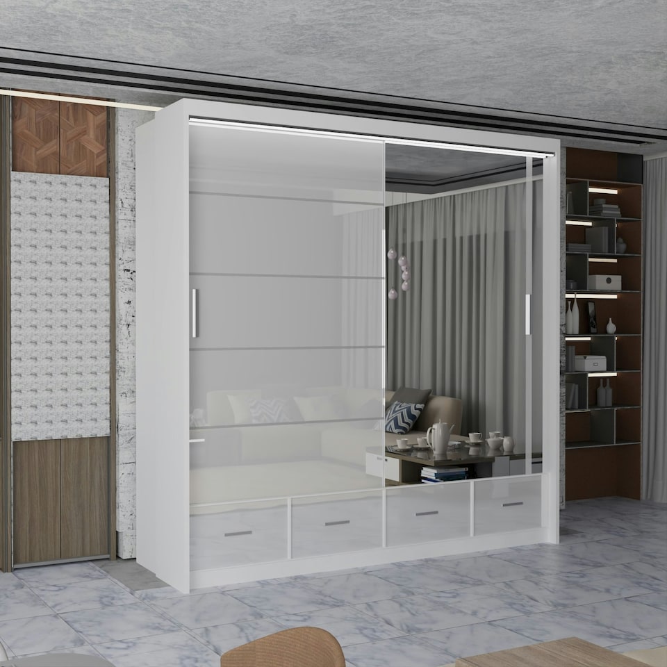 image 1 of Sleek High Gloss Sliding Wardrobe 203cm with Drawers | White/Black/Grey 2-Door Bedroom Storage White | White203cm