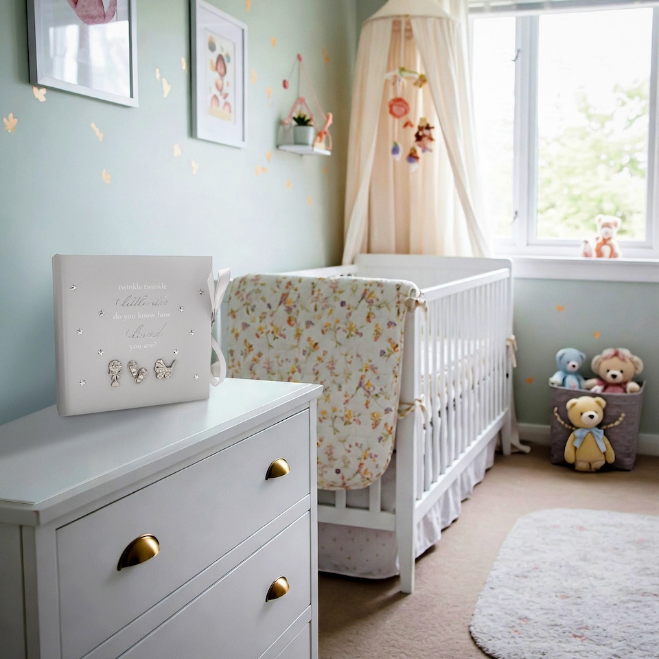 image 1 of Baby Keepsake Photo Album with Silver Plated Rattle Pram and Booties