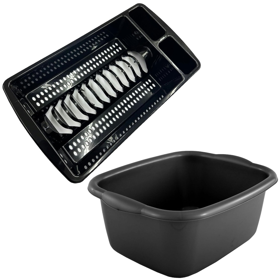 image 1 of Black Washing Up Bowl & Black Dish Drainer Rack Black
