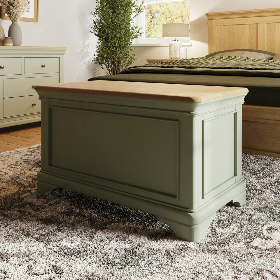 image 1 of Faire Ottoman Blanket Box in Sage Green with Oak Top Green