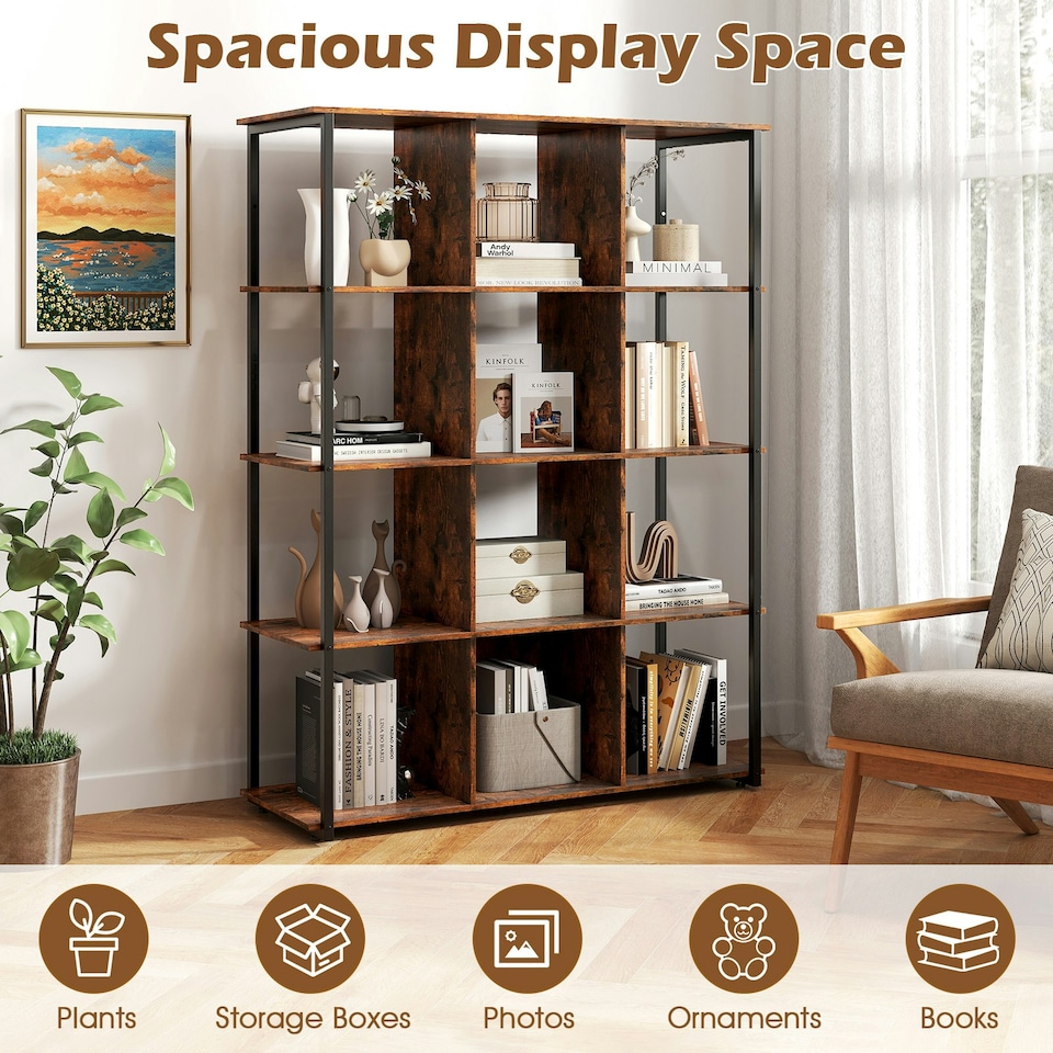 image 1 of COSTWAY 12-Cube Bookcase Freestanding Bookshelf Brown Brown