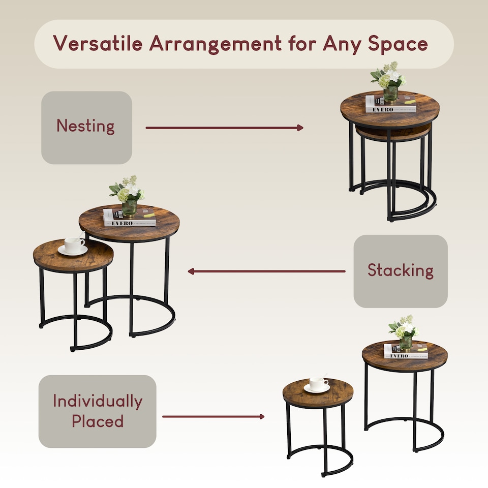 image 1 of Vida Designs Brooklyn Round Nest of Tables 2 Piece Set Nesting Sofa Bedside Side Table, Dark Wood