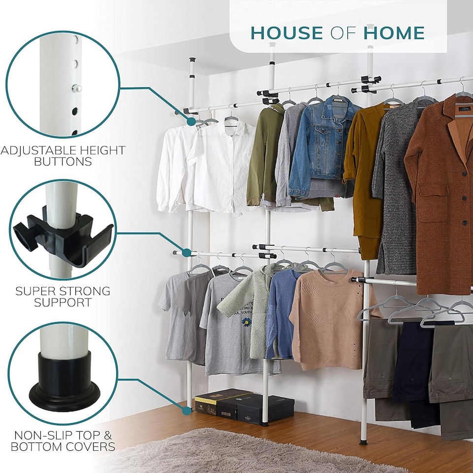image 1 of House of Home Triple Telescopic Organise Hanging Rail Clothes Rack Adjustable Storage White | White | Not provided