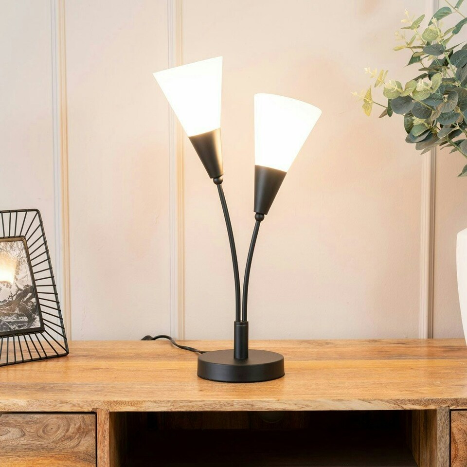 image 1 of ValueLights Kristina Frosted White Shade 2 Way Black Metal Uplighter Table Lamp
