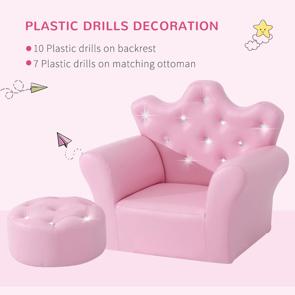 image 1 of HOMCOM Kids Sofa Set, 2PCs Crown-Themed Child Armchair with Ottoman, Pink