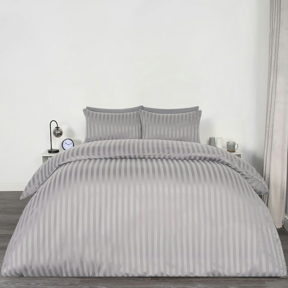 image 1 of OHS Hotel Quality Satin Stripe Duvet Cover and Pillowcase Set, Single - Silver