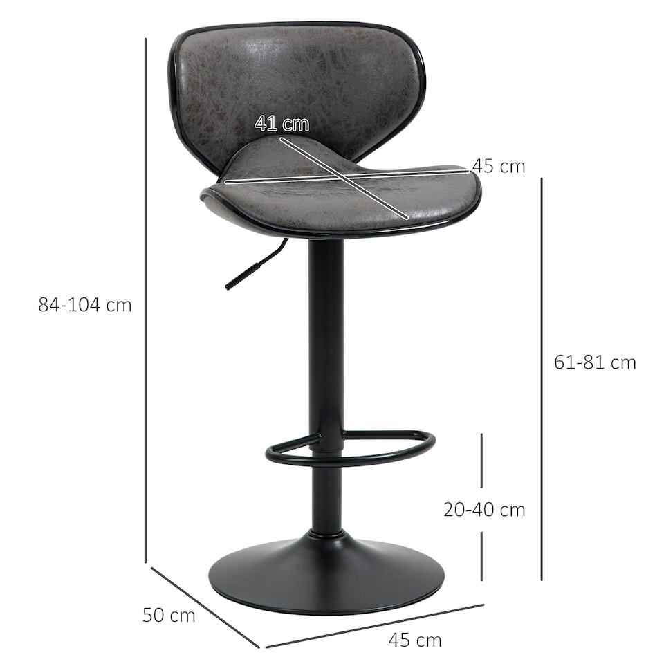 image 1 of HOMCOM Bar Stool Set of 2 PU Leather Adjustable Height Armless Chairs Dark Grey