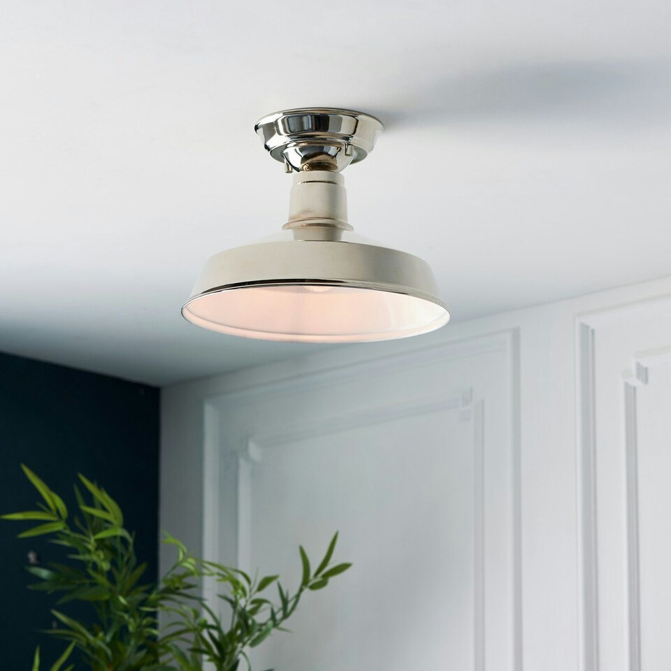 image 1 of Darton Semi Flush Ceiling Pendant Light Polished Nickel, Gloss White Inner Shade