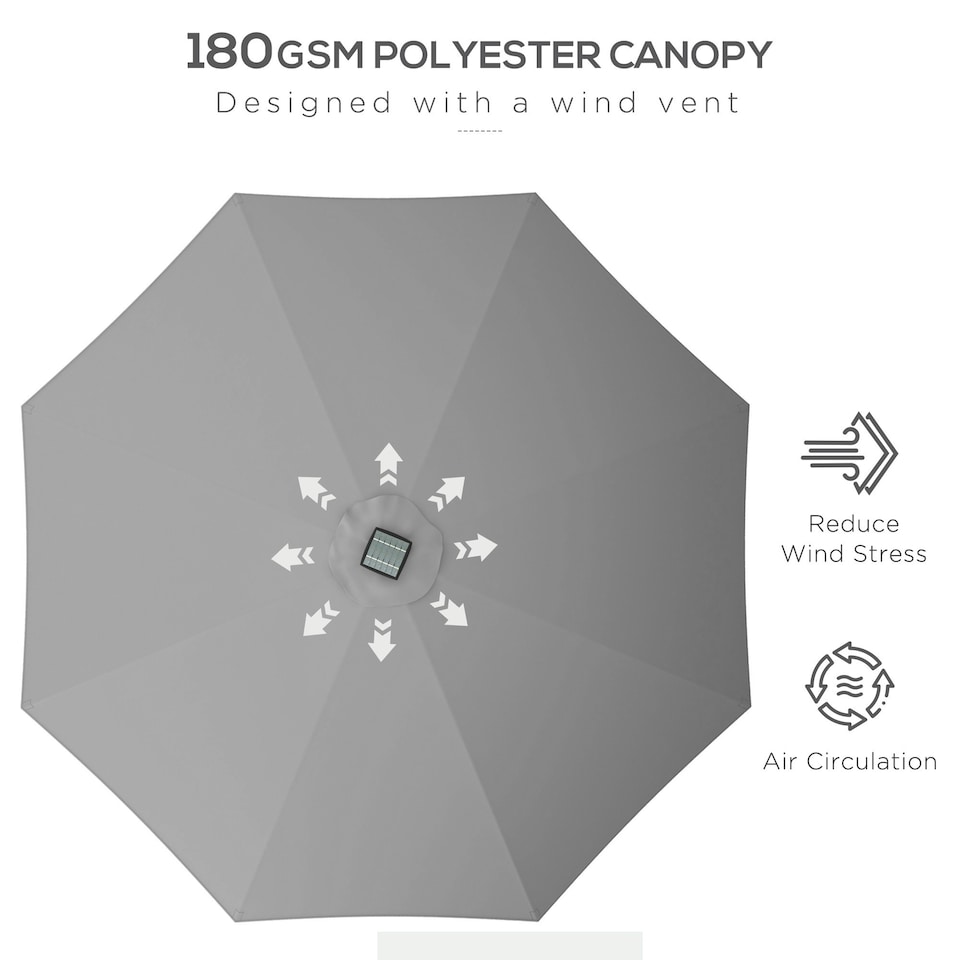 image 1 of Outsunny Solar Patio Garden Parasol with Lights for Outdoor Light Grey