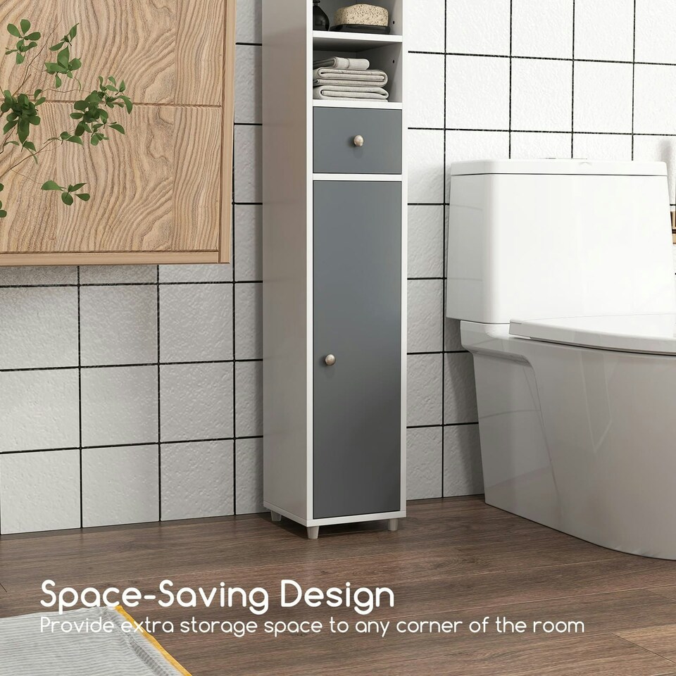 image 1 of COSTWAY Slim Bathroom Cabinet Floor Storage Organizer White Grey