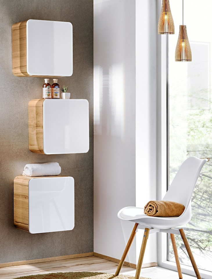image 1 of Small Bathroom Cabinet Wall Mounted Cube Unit Set of 3 Floating Storage Shelf Boxes Designer White Gloss Oak Handleless Arub