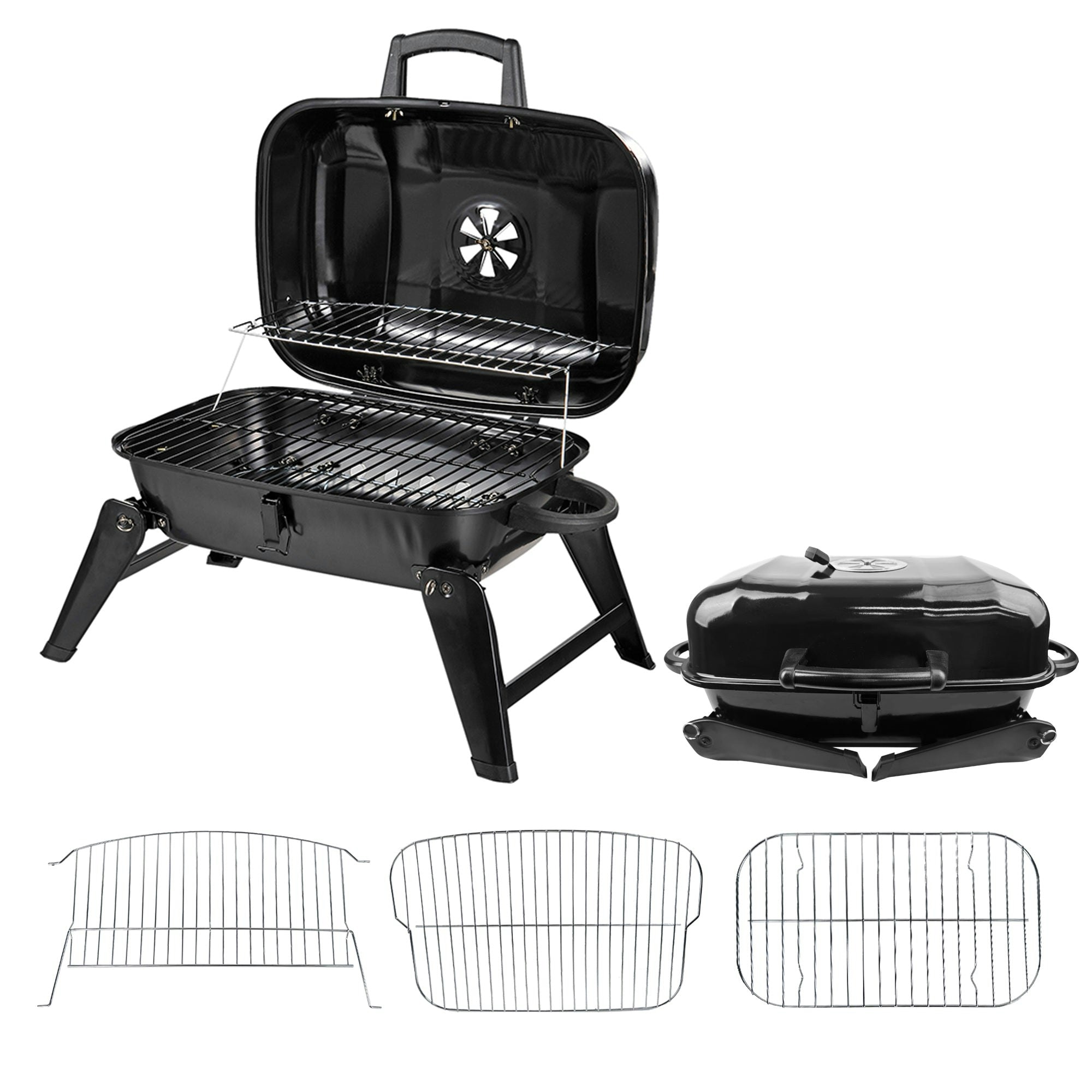 Alivio Portable Charcoal BBQ Grill with Folding Legs, Lid & Warming Rack