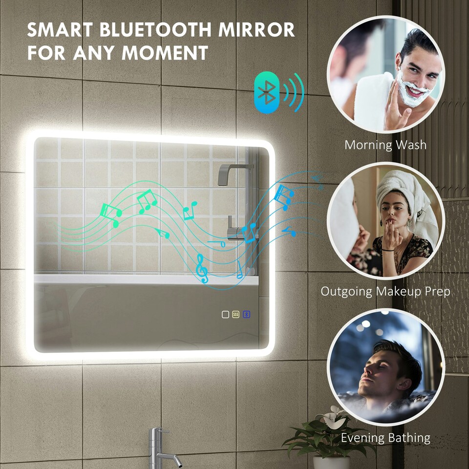 image 1 of HOMCOM 600 x 800 mm Bluetooth Bathroom Mirror with LED Lights Wall Mounted Silver | 80L x 60W x 3.5D cm