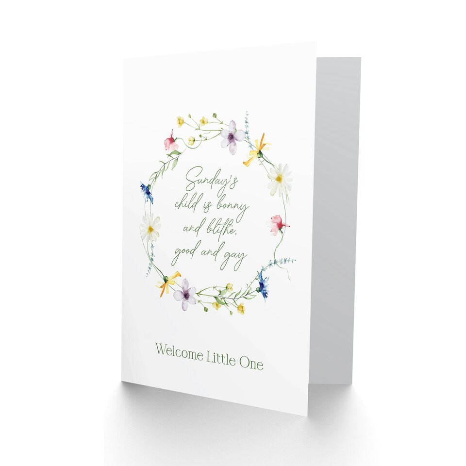 image 1 of Sunday's Child is Bonnie and Blithe Floral Wreath New Baby Card