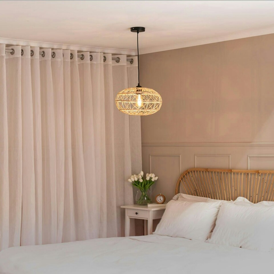 image 1 of ValueLights Caspian Wood - Rattan Natural Oval Ceiling Pendant Shade
