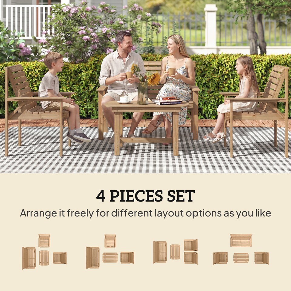 image 1 of Outsunny 4 Seater Garden Furniture Sofa Set with Curved Seat, Natural Wood | Brown | Natural wood finish | Four Seater