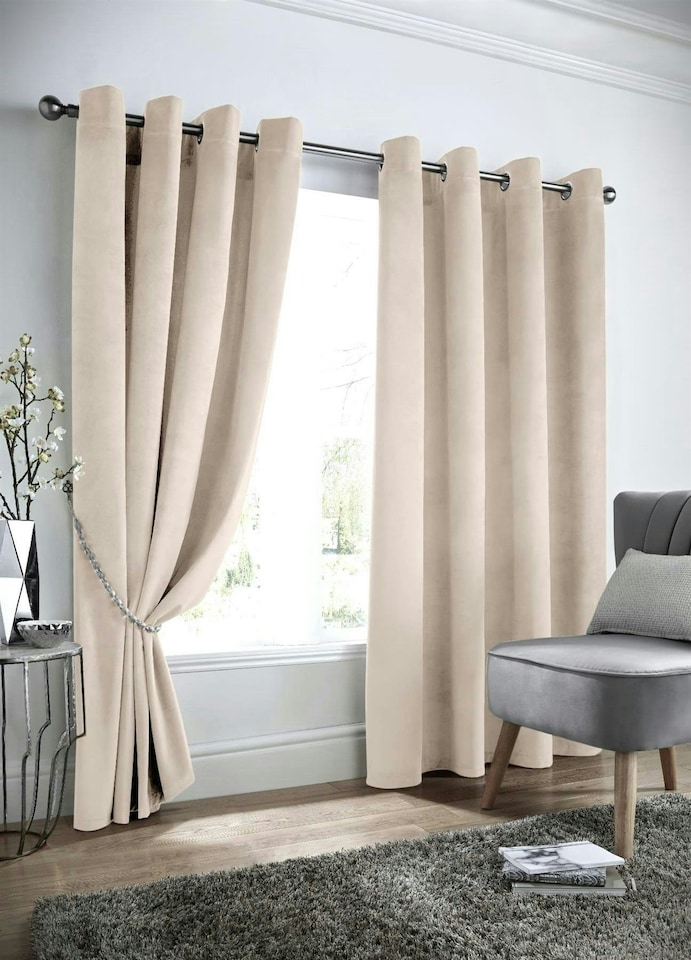 image 1 of Velvet Look Eyelet Ring Top Blackout Curtains - 168cm x 137cm - Cream