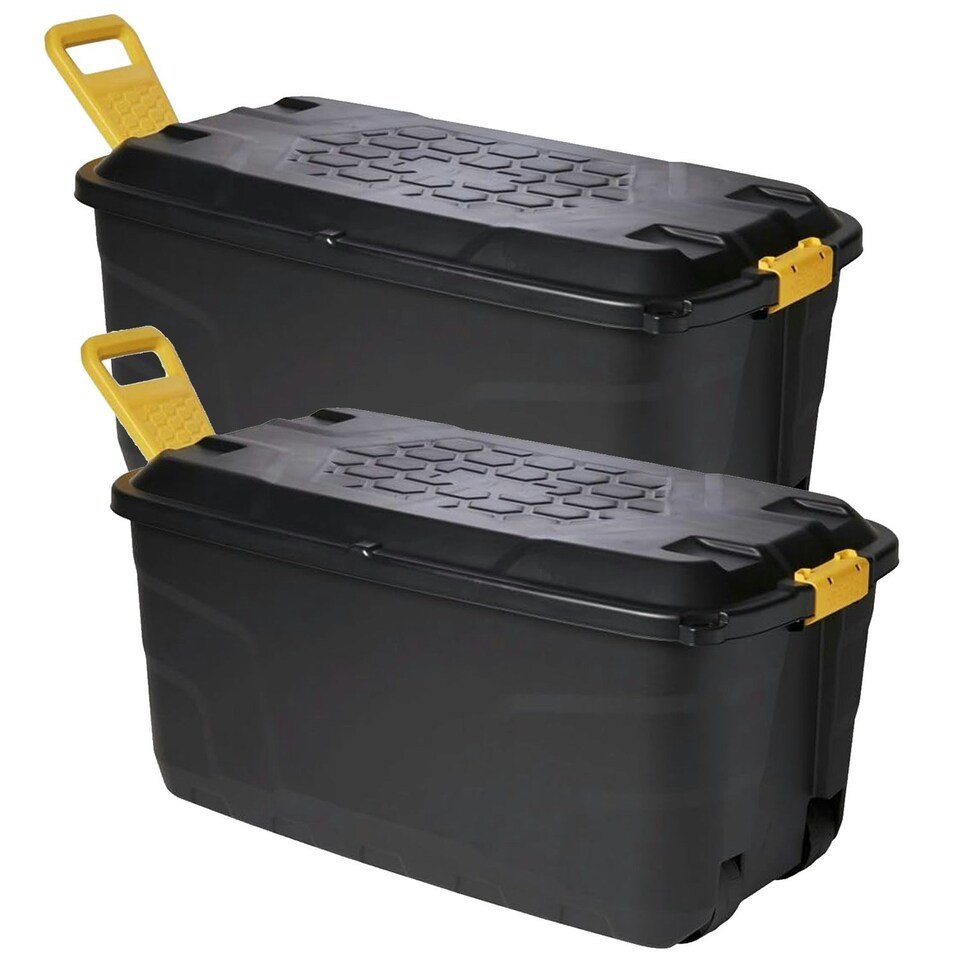 image 1 of 2 x 145L Strong Black XL Capacity Heavy Duty Indoor Outdoor Storage Trunk With Wheels & Handles Black