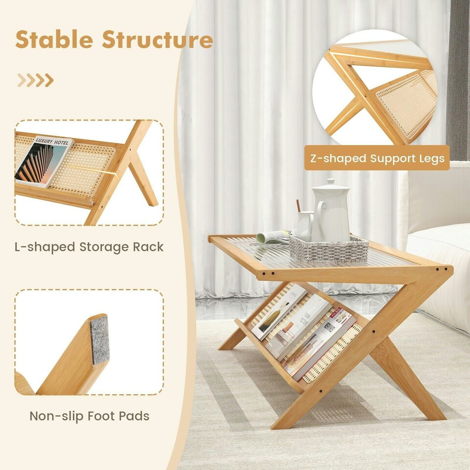image 1 of COSTWAY 2-Tier Rectangular Coffee Table with Glass Tabletop Brown