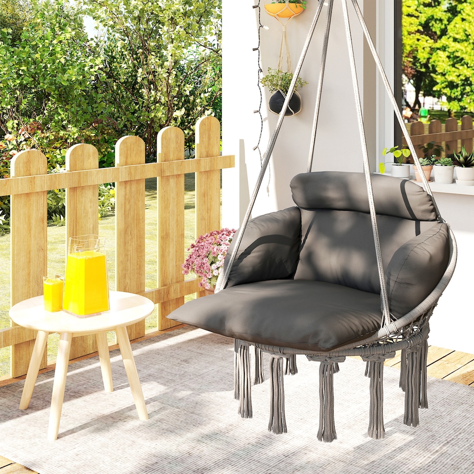 image 1 of Outsunny Hanging Chair Outdoor Hammock Chair with Soft Cushion, Cotton Rope Boho Style Swing Chair, Hanging Garden Swing Seat for Indoor Outdoor, Dark Grey | Grey | Dark Grey