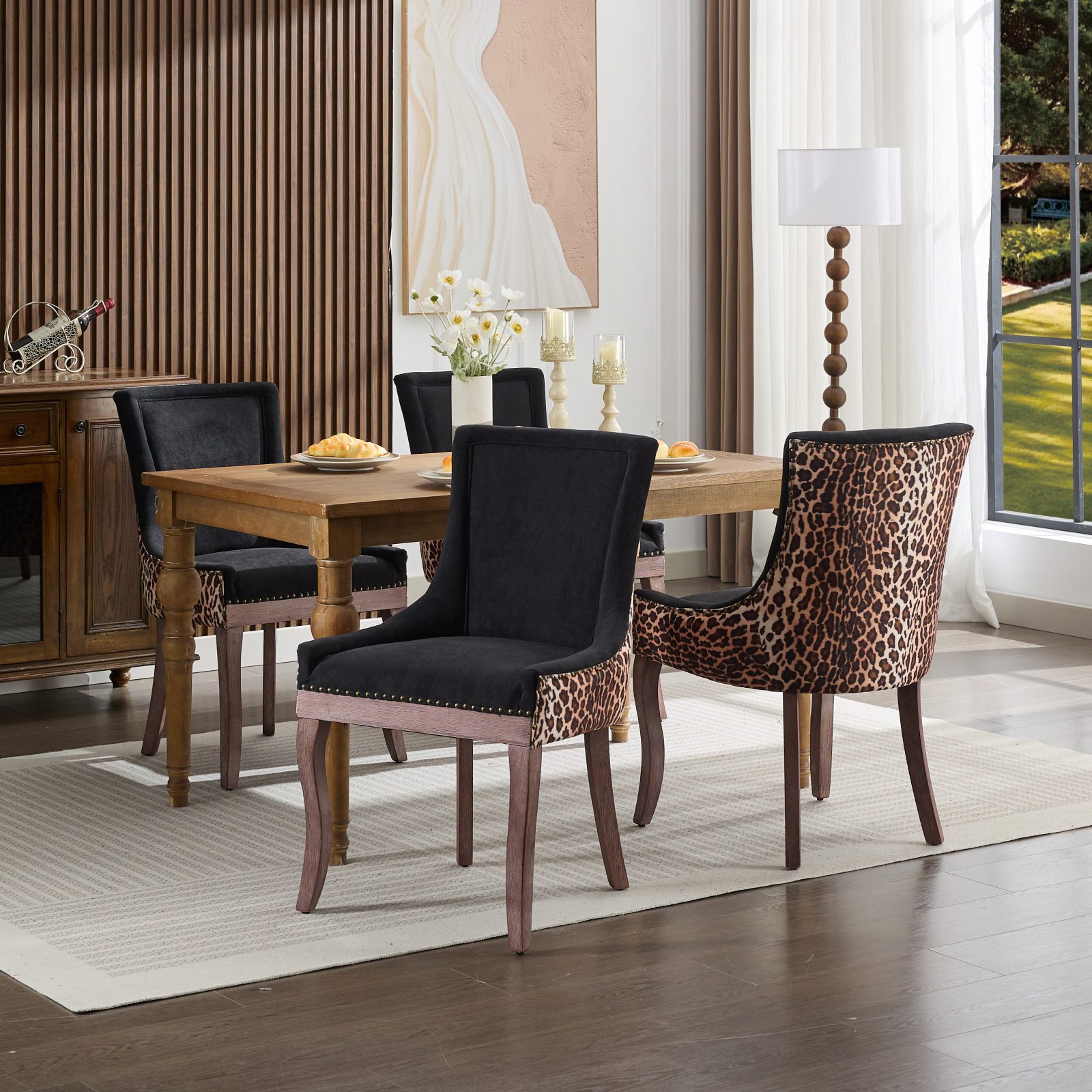 Bewley Set of 4 Modern Leopard Print Dining Chairs with Wooden Legs