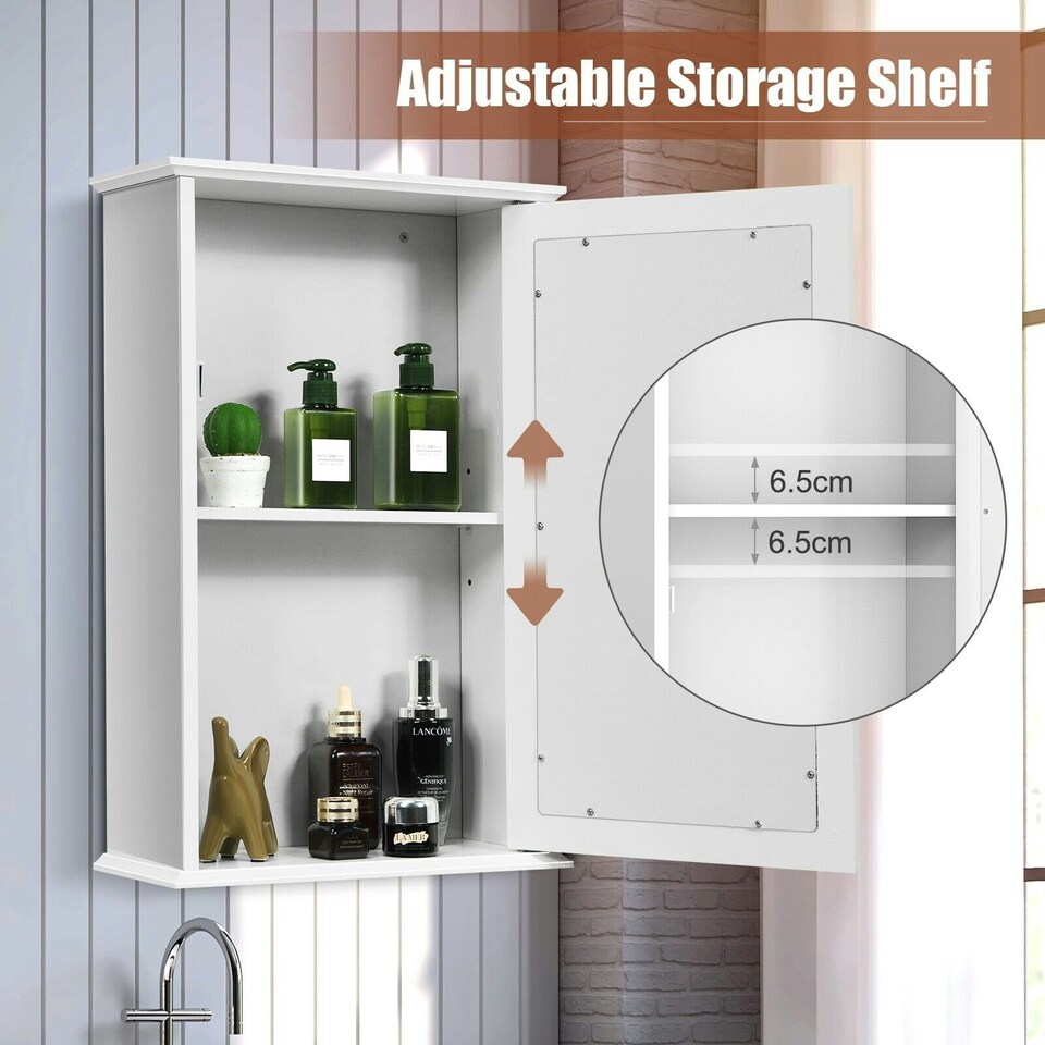 image 1 of COSTWAY Bathroom Mirror Cabinet Wall Mounted Storage White White