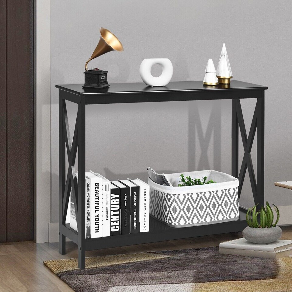 image 1 of COSTWAY 2-Tier X-design Wooden Hall Desk Side Table Black