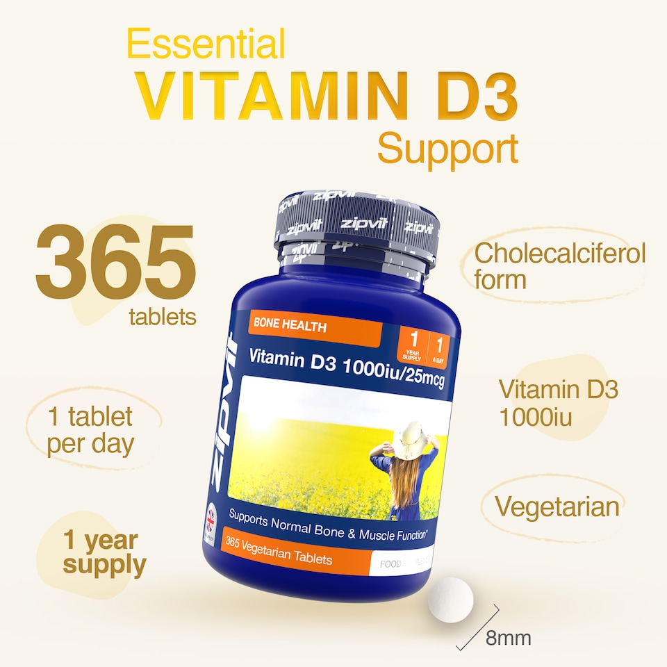 image 1 of Zipvit Vitamin D3 1000IU, Bone, Muscle & Immune Support, 365 Vegetarian Tablets, 1-Year Supply