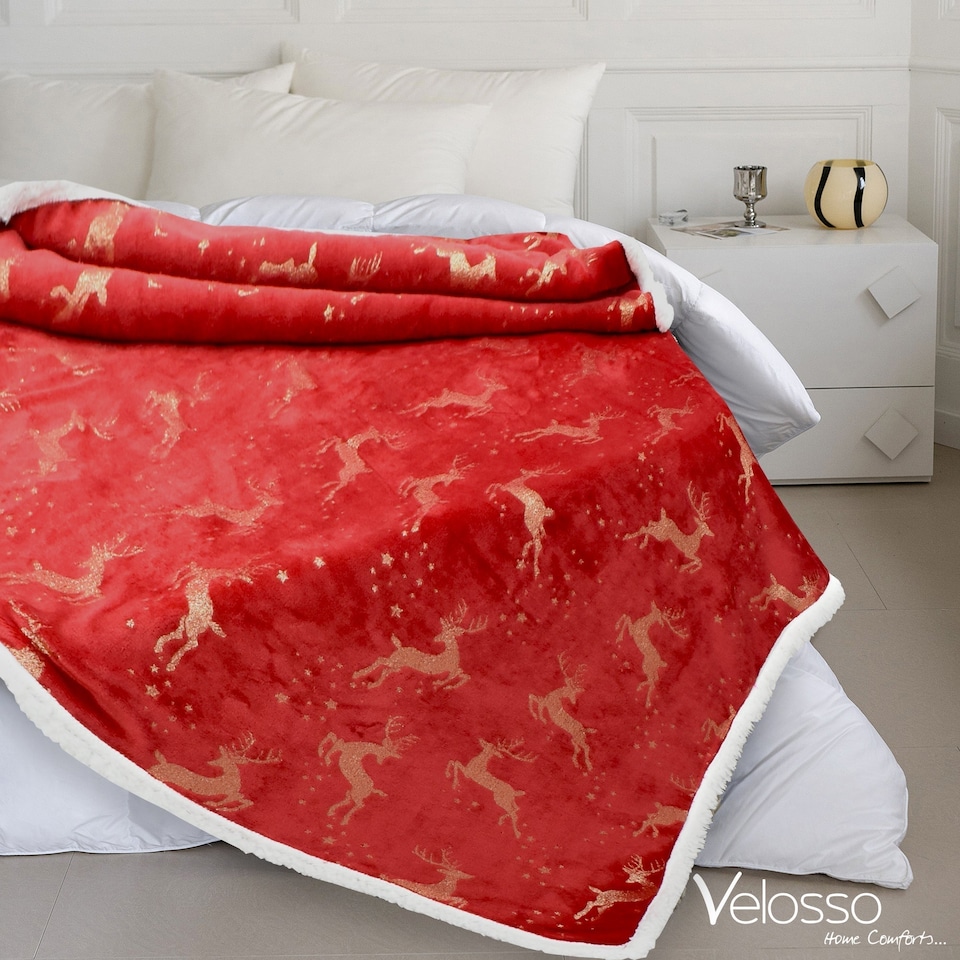 image 1 of Velosso Reindeer Foil Printed Sherpa Reverse Throw Blanket