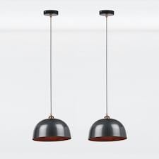 First Choice Lighting Pair of Industrial Nickel with Copper Detail Dome Pendants Silver | Copper