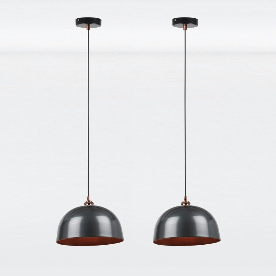 image 1 of First Choice Lighting Pair of Industrial Nickel with Copper Detail Dome Pendants Silver | Copper