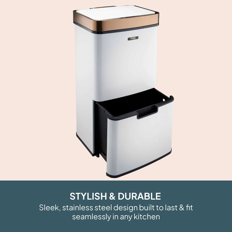 image 1 of Cooks Professional Recycling Sensor Bin 75L with Dual Compartments & Food Caddy | White | White & Copper