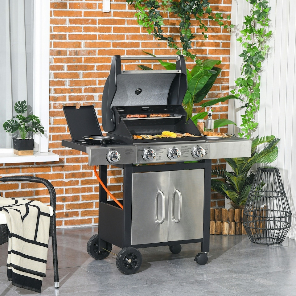image 1 of Outsunny Deluxe Gas Barbecue Grill 3+1 Burner Garden BBQ w/ Large Cooking Area
