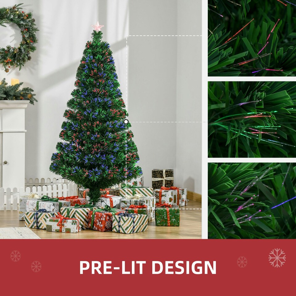 image 1 of HOMCOM 5FT Pre-Lit Fibre Optic Christmas Tree Artificial Holiday Décor Metal