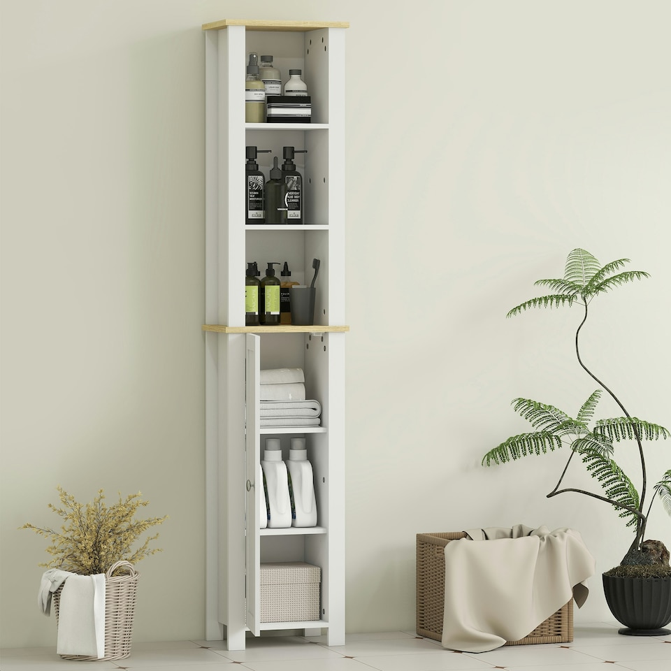 image 1 of kleankin Slim Bathroom Storage Unit with Open Compartment, White White