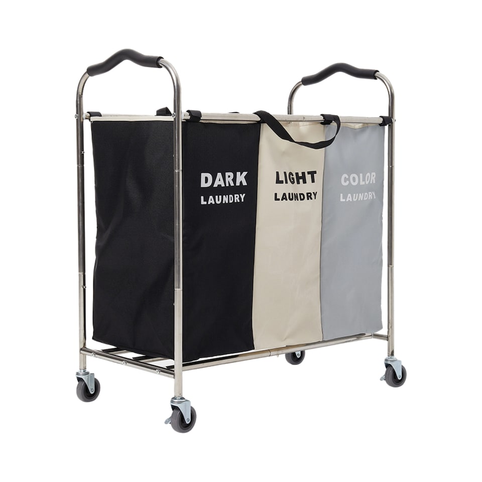 image 1 of Living and Home 3-Section Laundry Basket Cart with Metal Frame