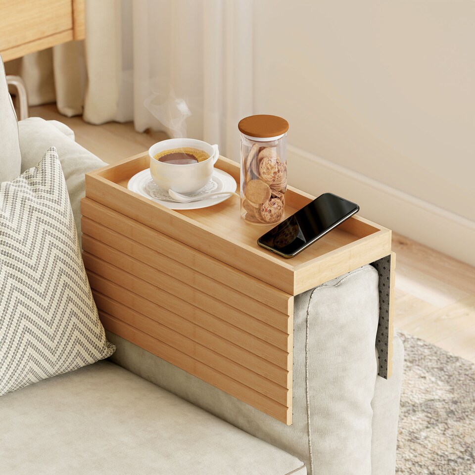 image 1 of HOMCOM Bamboo Sofa Arm Tray, Foldable Anti-Slip Armrest Tray for Drinks