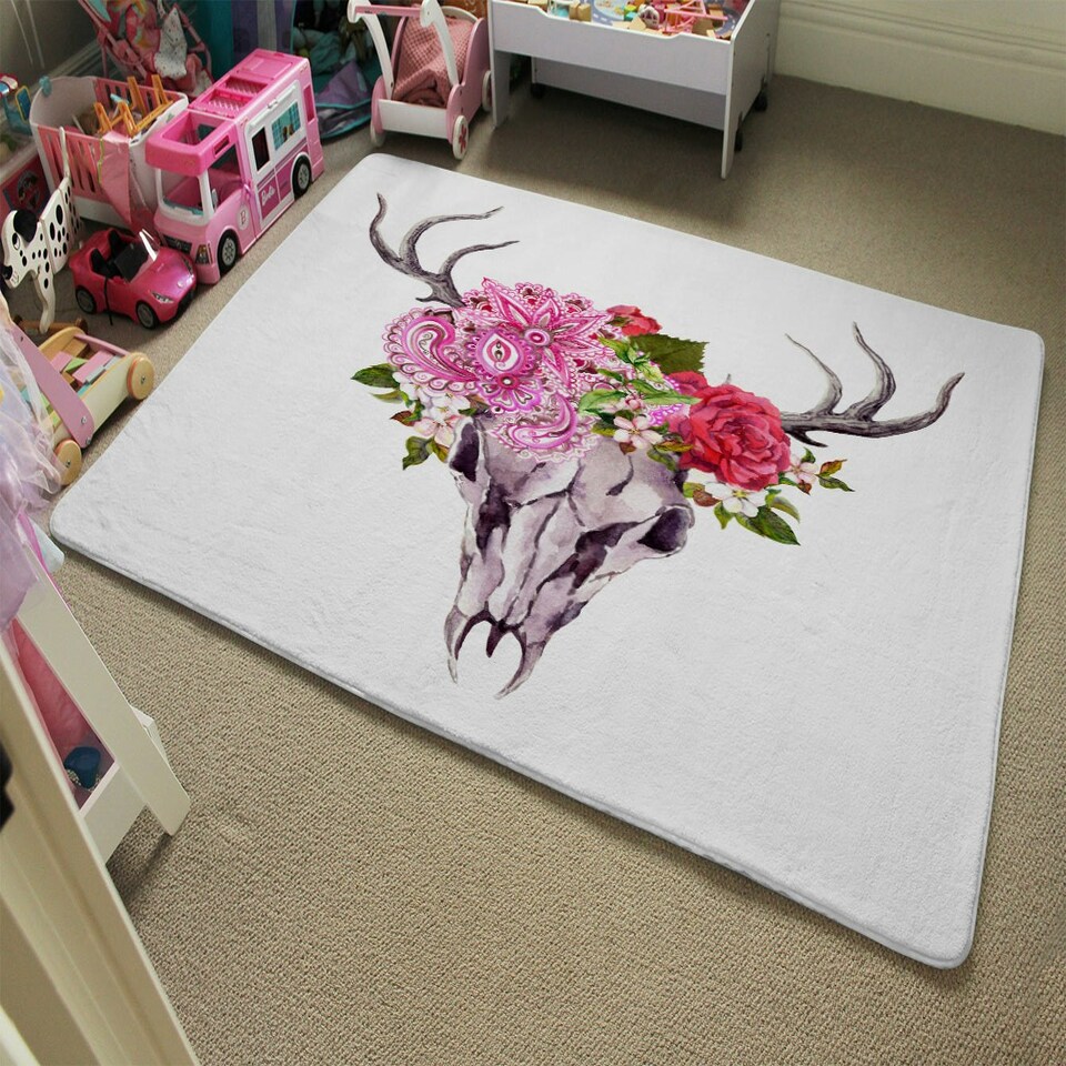 image 1 of Deer animal skull with flowers and feathers (Rug) Pink | Medium: 80x150cm