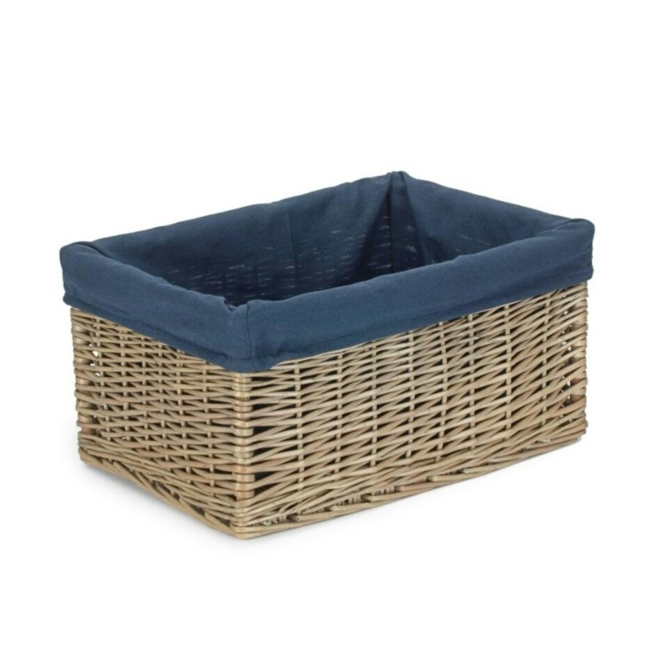image 1 of Antique Wash Navy Cotton Lined Willow Storage Basket Blue | S