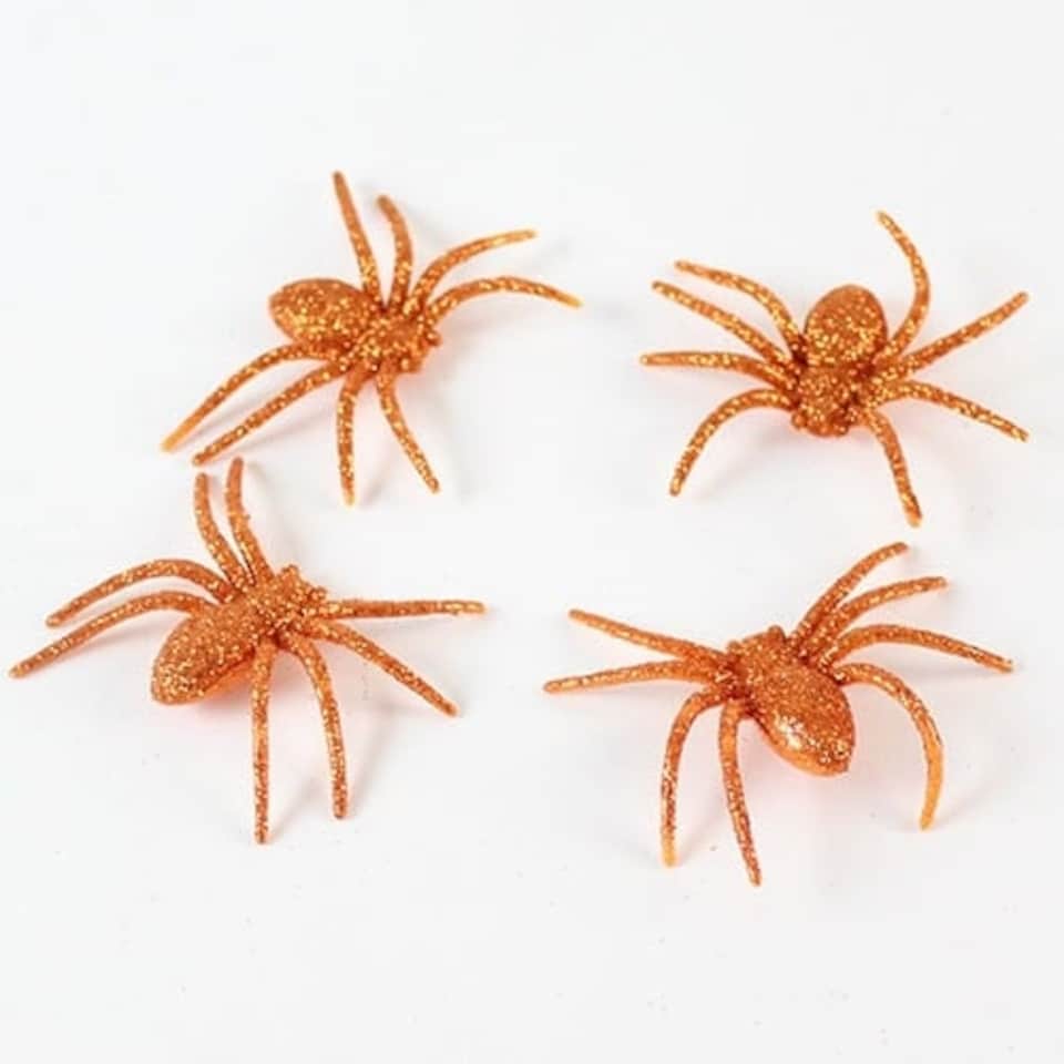 Halloween Decorative Orange Glitter Spiders - Pack of 4