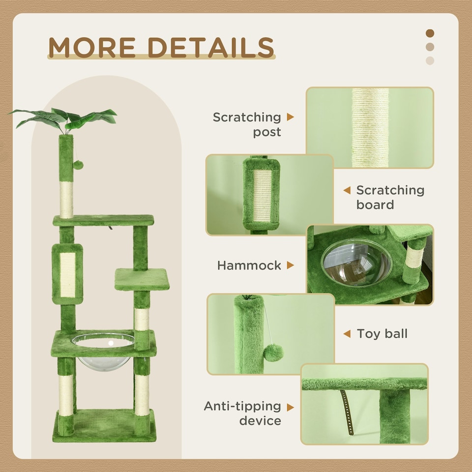 image 1 of PawHut 142cm Cat Tree with Scratch Posts Hammock Platforms Toy Balls, Green