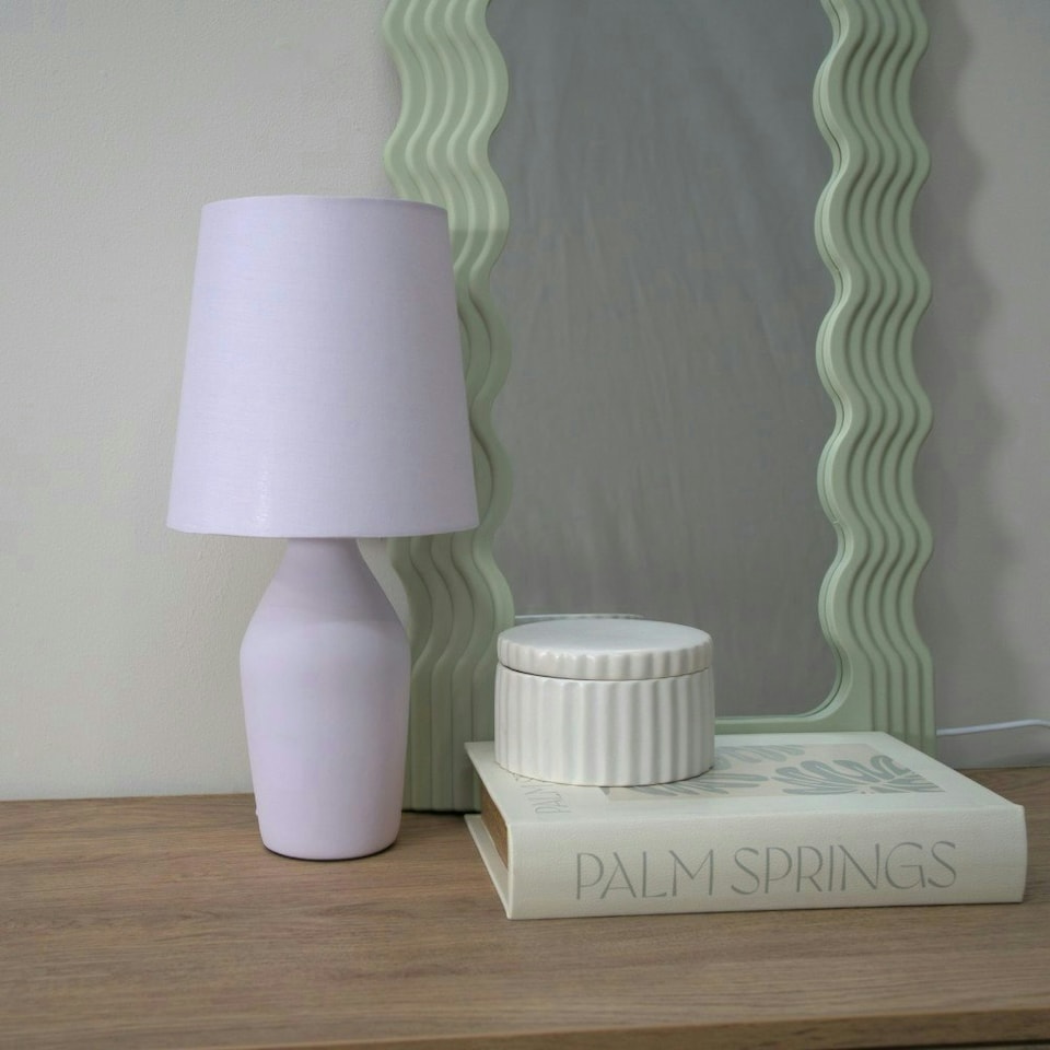 image 1 of ValueLights Arlo Set of 2 - Lilac Ceramic Base Table Lamp with Tapered Shade | Purple