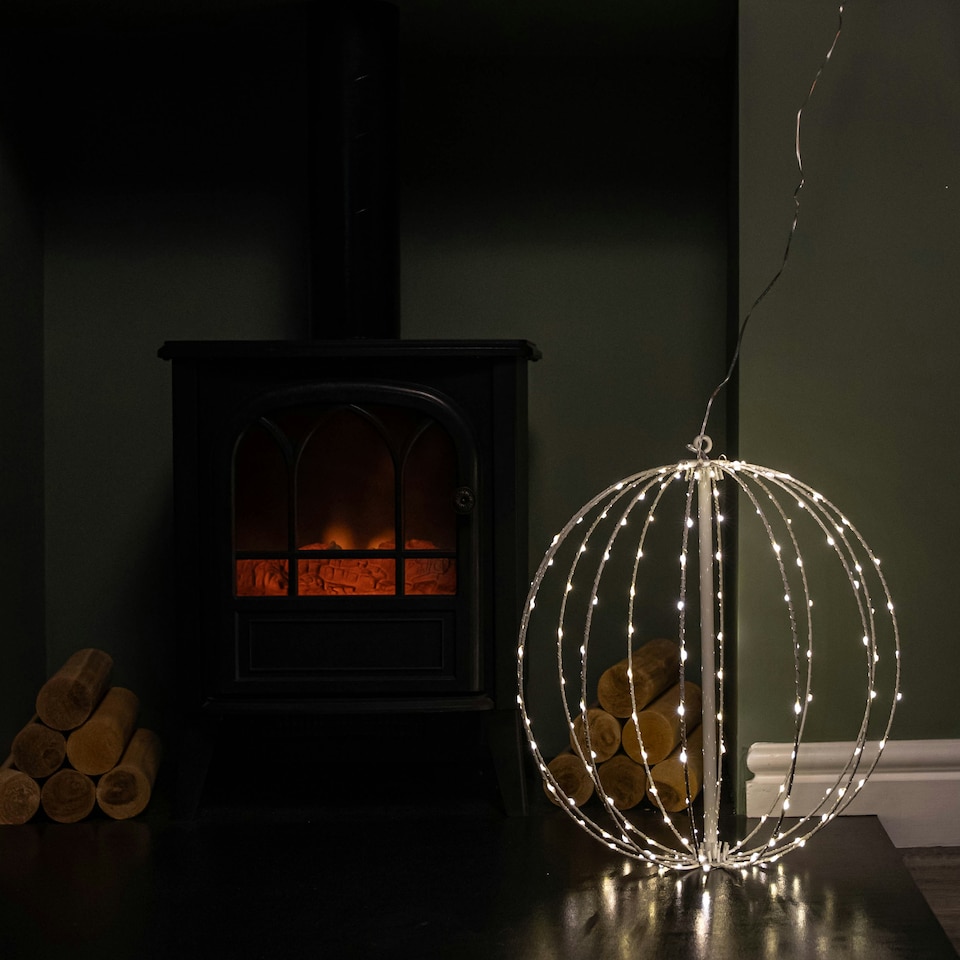 image 1 of 30cm White Metal Folding Christmas Ball with 108 Warm White LEDs