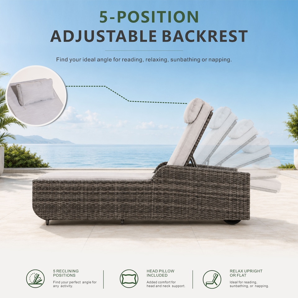 image 1 of Direct Wicker Adjustable Sun Lounge with Side Table – 5‑Position Recliner and Glass‑Top Side Table