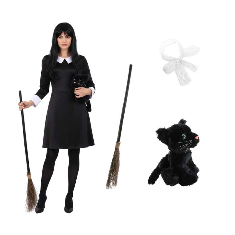 image 1 of Witch Costume - 4 Pcs - Collared Dress, Broom, Cat Toy & Hair Bow | Black | M