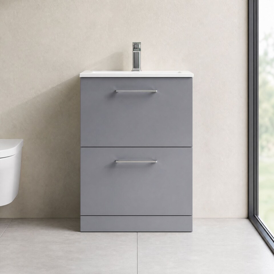 image 1 of Balterley Modern Bathroom 2 Soft Close Drawer & Minimalist Floor Standing Vanity Unit Basin | Grey | Satin Grey | 818 x 600 x 390mm