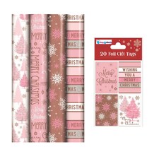 Christmas Gift Wrapping Paper 4 x 8M Rolls And Gift Tags Rose Gold Blush Pink
