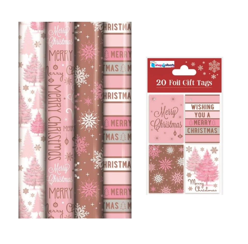 image 1 of Christmas Gift Wrapping Paper 4 x 8M Rolls And Gift Tags Rose Gold Blush Pink
